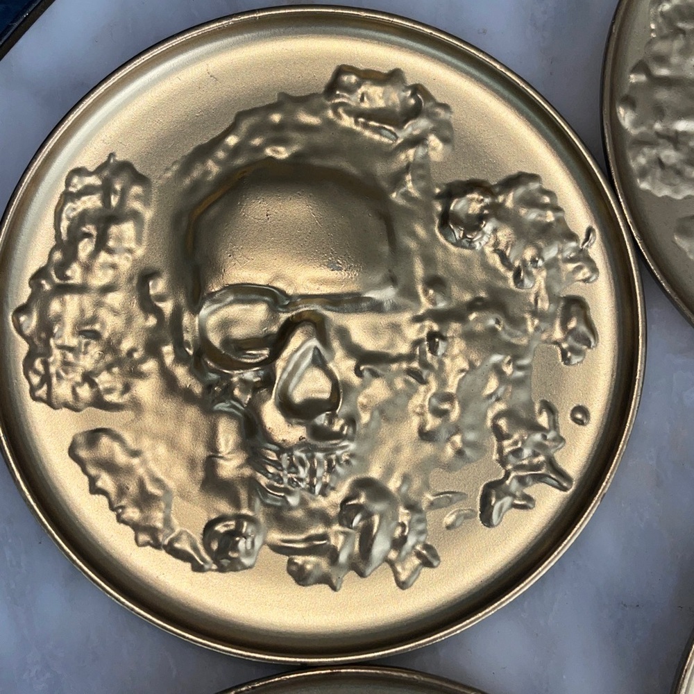 Threshold Metal Antique Gold Skull Embossed Coasters Set Halloween Man Cave
